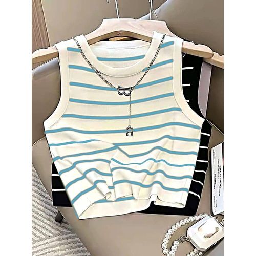 Martina Store Women's T-shirt Made Of Ribbed Cotton - Baby Blue & White