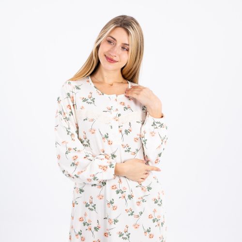 Zecotex "Summer Maxi Abaya / White Viscose Long Nightgown With Floral Print & Long Sleeves / Elegant & Lightweight Dress / Ultimate Comfort Women's Homewear"