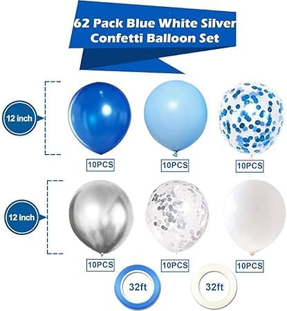 "Premium Party Balloons Set - Blue and Silver Colors with Clear Blue and Silver Confetti Balloons - Perfect for Events and Birthdays"