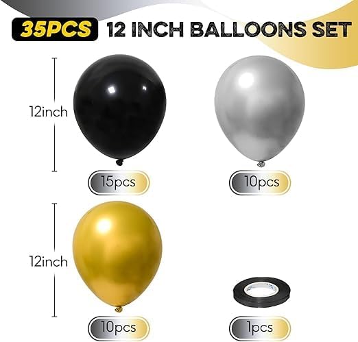 "Elegant Metallic Balloon Bouquet - Mix of Gold, Black, and Silver - Luxury Decoration for Events and Parties"