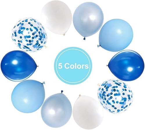 "Party Balloons Set - Blue, White and Clear with Blue Confetti - Perfect for Parties and Birthdays"