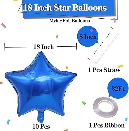 10 Pack 18 Inch Blue Star Foil Balloons - Unique Decoration Balloons for Birthday Party, Wedding, Special Event - Helium or Air Inflatable