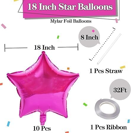 Pack of 10 Fuchsia Star Foil Balloons 18 Inch - Unique Decoration Balloons for Birthday Party, Wedding, Special Event - Helium or Air Inflatable