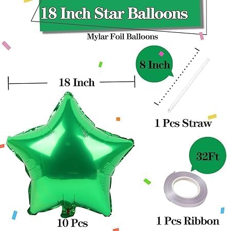10 Pack Green Star Foil Balloons 18 Inch - Unique Decoration Balloons for Birthday Party, Wedding, Special Event - Helium or Air Inflatable