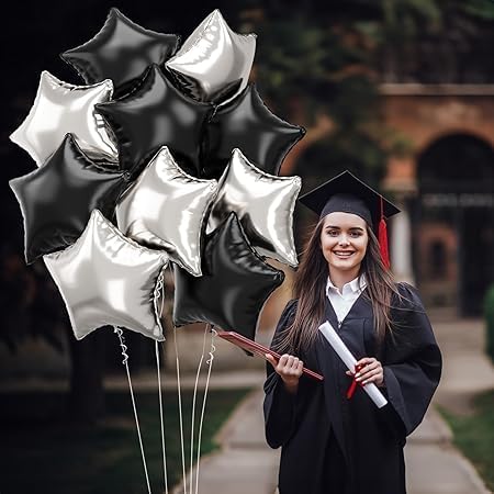 Silver and Black Star Balloons Set - 12 Pieces Easy to Inflate for Wedding Birthday Special Occasion Decoration