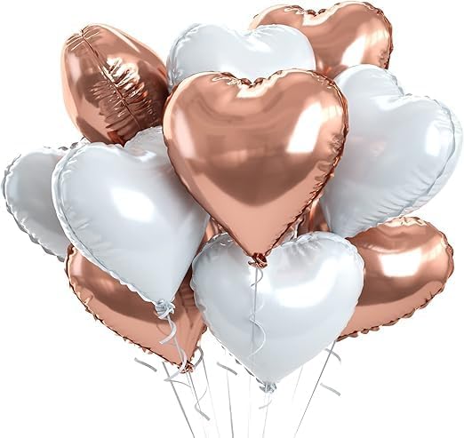 Rose Gold and White Heart Foil Balloons - 10 Pcs, Rose Gold Heart Balloons, 18 Inch Valentines Day Balloons, Rose Gold Helium Foil Balloons, Perfect for Valentine's Day Decorations