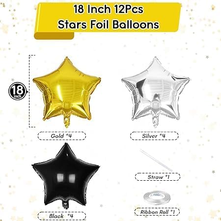 "Gold and Black Silver Star Balloon Set – 12 Pieces Practical and Easy to Inflate Event and Party Decorations"