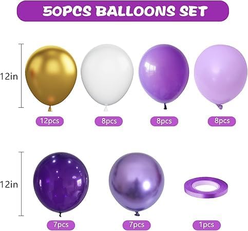 "Premium Party Balloons Set - Elegant Mix of Purple, Lavender, White, and Gold - Perfect for Weddings, Birthdays, and Fancy Events Decoration"