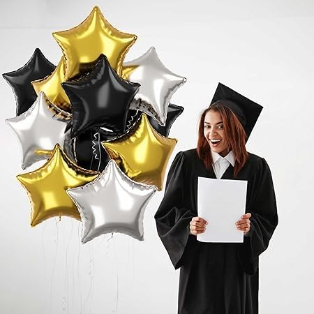 "Gold and Black Silver Star Balloon Set – 12 Pieces Practical and Easy to Inflate Event and Party Decorations"
