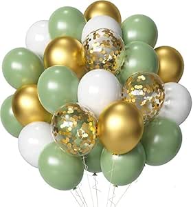 Sage Green Gold White Party Balloons, 50Pcs Sage Green and Gold Confetti Party Balloons For Birthday Baby Shower Engagement Wedding Anniversary Party Decorations