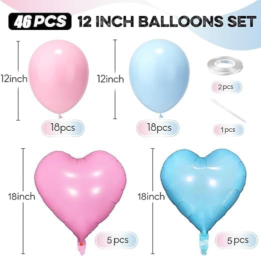 46 Pcs Pastel Blue and Pink Balloons Set, Made of High Quality Latex Material, Attractive Designs for Baby Shower Birthday Party