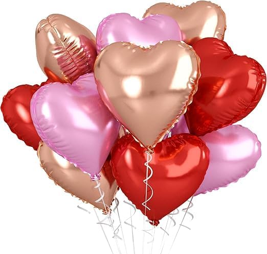 Rose Gold Heart Balloons Set Perfect for adding a romantic and festive touch to any special occasion.18 inch aluminum foil balloons come in a delightful array of red