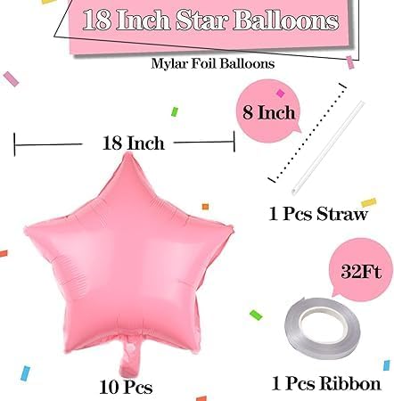Pack of 10 Pink Star Foil Balloons 18 Inch - Unique Decoration Balloons for Birthday Party, Wedding, Special Event - Helium or Air Inflatable