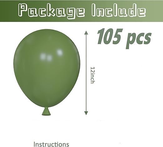 Sage and Olive Green Balloon Set 105 pieces 12 inch latex balloons perfect for decorating birthdays, graduation parties, weddings, baby showers, anniversaries and New Year celebrations with attractive design.