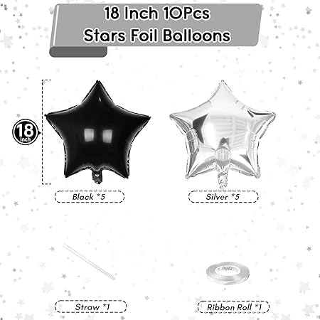 Silver and Black Star Balloons Set - 12 Pieces Easy to Inflate for Wedding Birthday Special Occasion Decoration