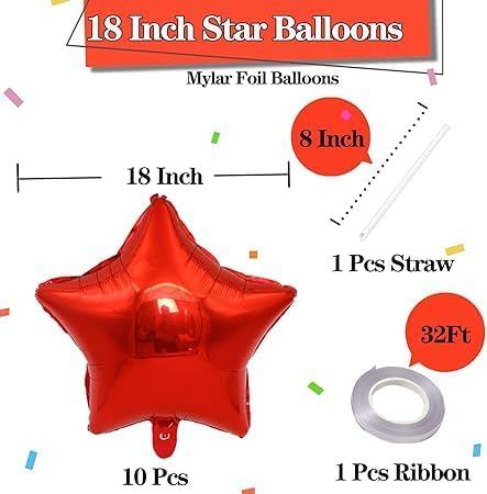 10 Pack 18 Inch Red Star Foil Balloons - Unique Decoration Balloons for Birthday Party, Wedding, Special Event - Helium or Air Inflatable
