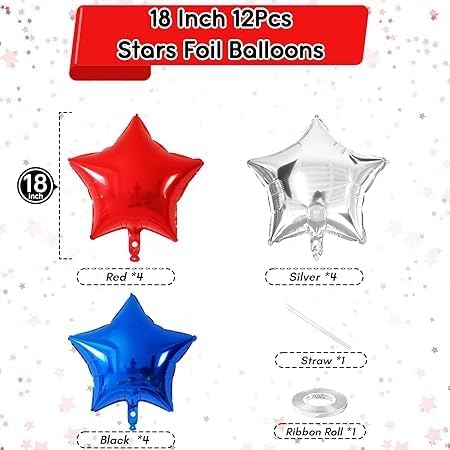 Silver Red Blue Star Balloons Set - 12 Pieces Practical and Easy to Inflate for Event Party Decoration