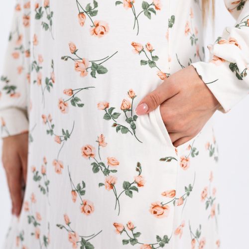 Zecotex "Summer Maxi Abaya / White Viscose Long Nightgown With Floral Print & Long Sleeves / Elegant & Lightweight Dress / Ultimate Comfort Women's Homewear"