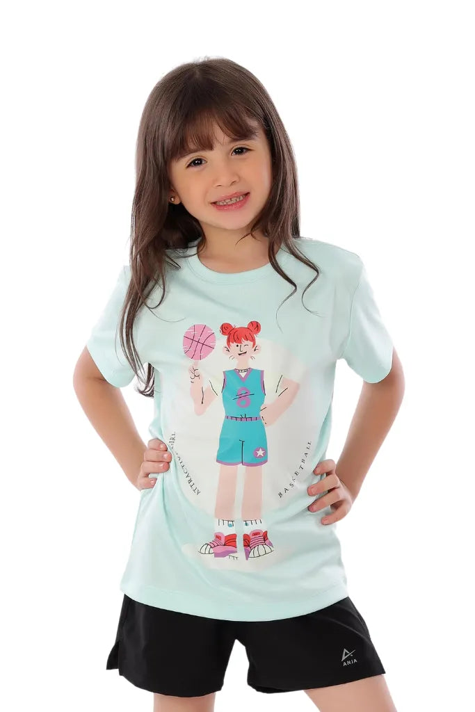Girls’ Light Blue Basketball T-Shirt – Comfortable, Short-Sleeve Design