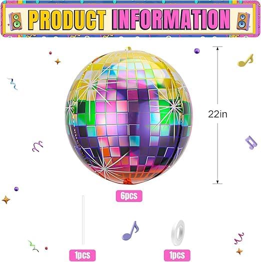 Set of 6 3D Disco Mirror Balloons, Elegant Design Shiny Rainbow Color, Perfect for Parties and Special Occasions