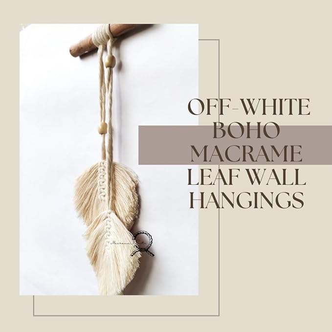 Macrame Kn0ts Leaves Wall Hanging Boho Feather Wall Decor Leaf Yarn Wall Hanging Tapestry Handmade Woven Wall Art For Bedroom Nursery Home Decor (Set of 2) (Off-White)