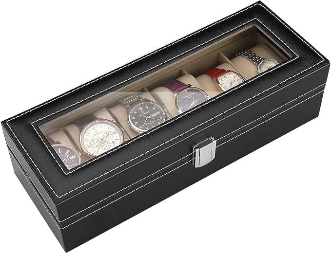 Watch Organizer, 6 Slot Watch Box PU Leather Watch Storage Case with Lock and Key, Birthday Fathers Day Mothers Gifts Presents for Men and Women