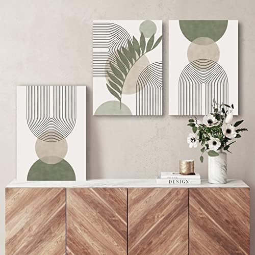 KBKBART Sage Green Boho Wall Art Set of 3, Minimalist Framed Geometric Line Leaf Sun Moon Beige Canvas Artwork Paintings, Abstract Botanical Room Decor, Posters & Prints