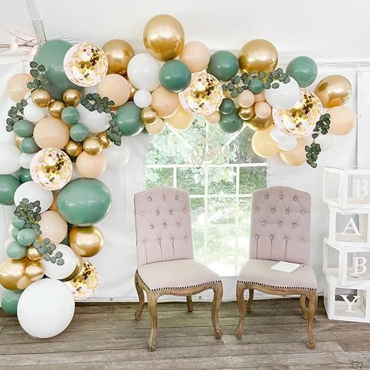 Amazing Latex Balloons Set, Attractive Mix of Sage Green, White and Gold Confetti Balloons Perfect for Party Decoration and Add Touch