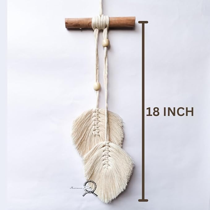 Macrame Kn0ts Leaves Wall Hanging Boho Feather Wall Decor Leaf Yarn Wall Hanging Tapestry Handmade Woven Wall Art For Bedroom Nursery Home Decor (Set of 2) (Off-White)