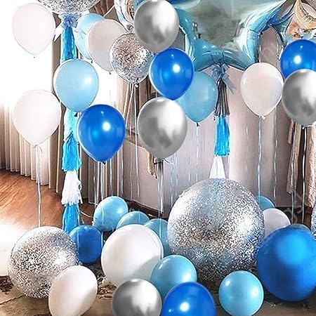"Premium Party Balloons Set - Blue and Silver Colors with Clear Blue and Silver Confetti Balloons - Perfect for Events and Birthdays"
