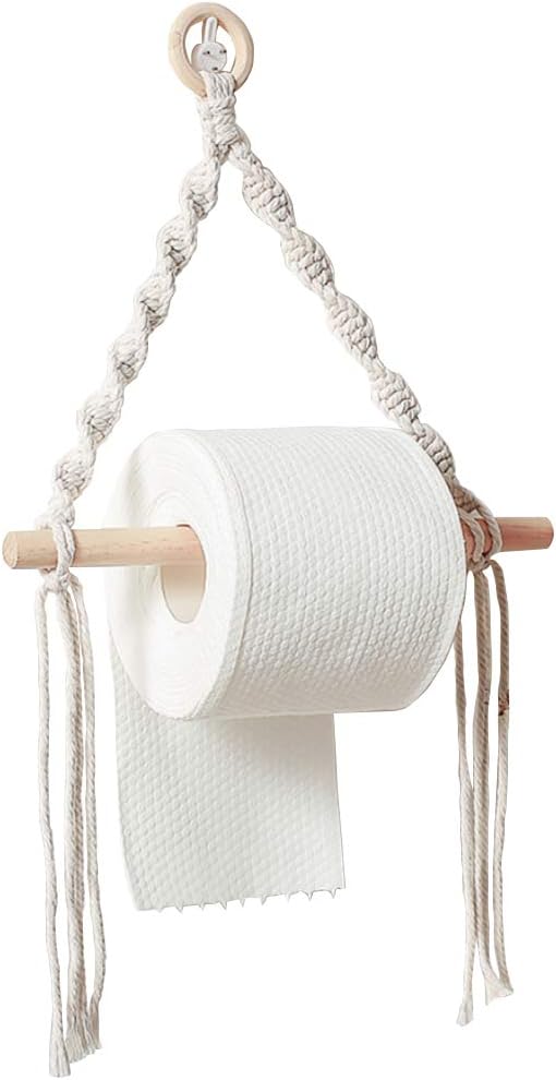 Macrame Wall Hanging Decorative Kitchen Tissue Toilet Paper Holder Natural Cord Bohemian Bathroom Decor (Beige)