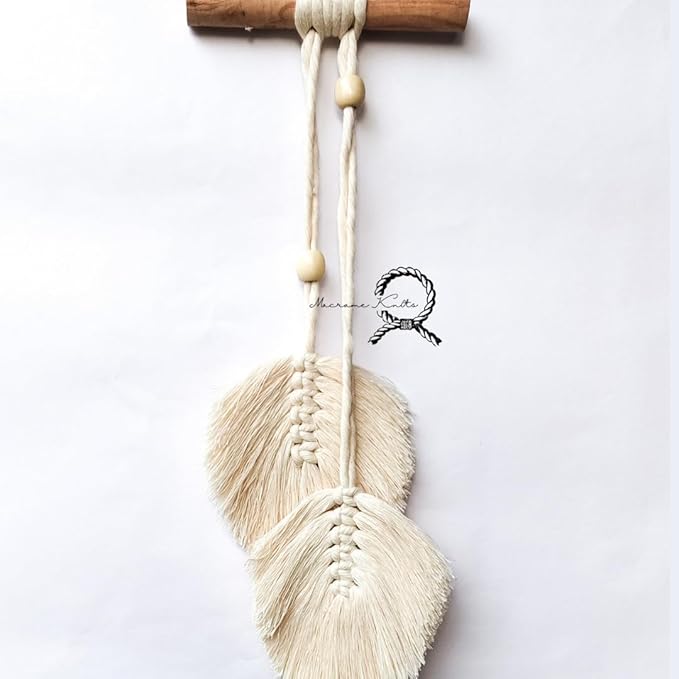 Macrame Kn0ts Leaves Wall Hanging Boho Feather Wall Decor Leaf Yarn Wall Hanging Tapestry Handmade Woven Wall Art For Bedroom Nursery Home Decor (Set of 2) (Off-White)