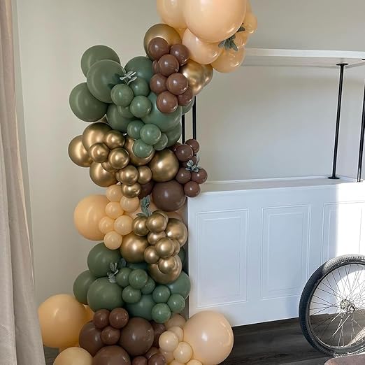 Generic Green and Brown Balloons, Pack of 60: Sage Green, Dark Brown, Beige, Gold Metallic; Balloon Set; Perfect for Birthday, Wedding; Unisex-Kids; All Ages