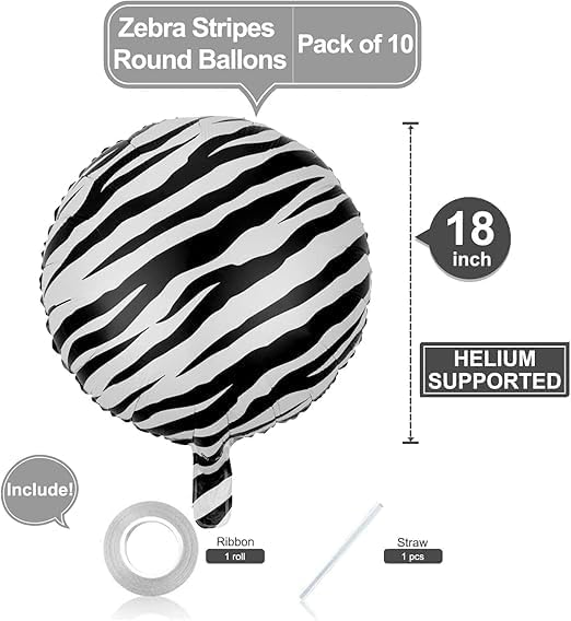 22 Inch Large Zebra Balloons - Pack of 10 Black and White Zebra Balloons for Party Decorations | Animal Balloons for Zebra Birthday Party Decorations |