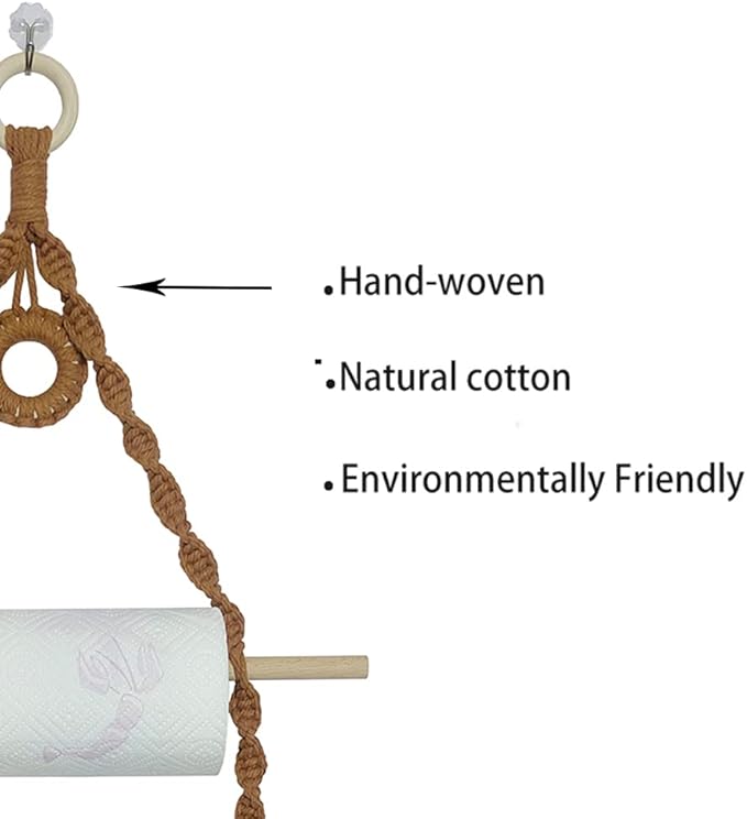 2 Roles Macrame Paper Towel Holder Wall Mount for Kitchen Bathroom-Brown Boho Paper Towel Hanger Under Cabinet No Drill (Brown)