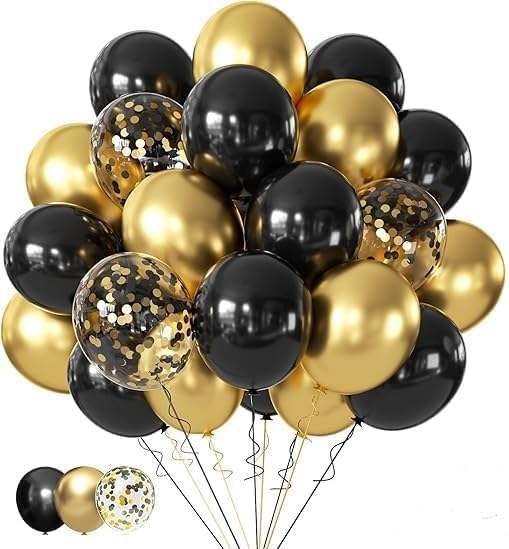 Black and Gold Balloons Party Decorations - 50 Pcs 12 Inch Black and Gold Metallic Balloons with Gold Confetti Balloons, Suitable for Birthday Party, Graduation, New Year, Wedding