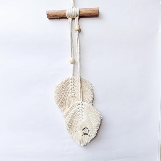 Macrame Kn0ts Leaves Wall Hanging Boho Feather Wall Decor Leaf Yarn Wall Hanging Tapestry Handmade Woven Wall Art For Bedroom Nursery Home Decor (Set of 2) (Off-White)