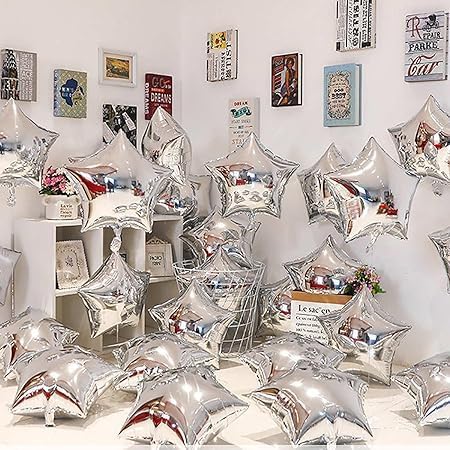 10 Pack 18 Inch Silver Star Foil Balloons - Unique Decoration Balloons for Birthday Party, Wedding, Special Event - Helium or Air Inflatable