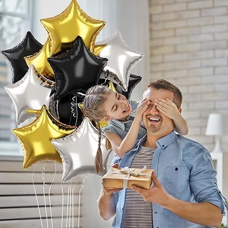 "Gold and Black Silver Star Balloon Set – 12 Pieces Practical and Easy to Inflate Event and Party Decorations"