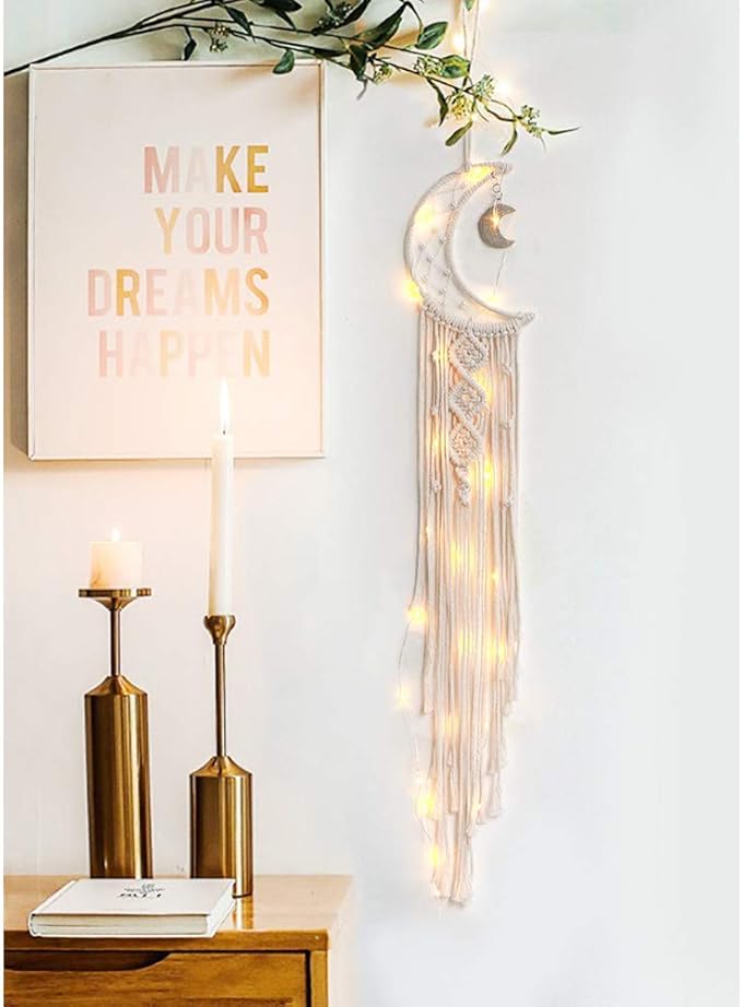 Dremisland Macrame Woven Wall Hanging Moon Dream Catcher- Boho Chic Bohemian Home Decor Wall Art Decor Beautiful Apartment Dorm Room Door Decoration (Moon)