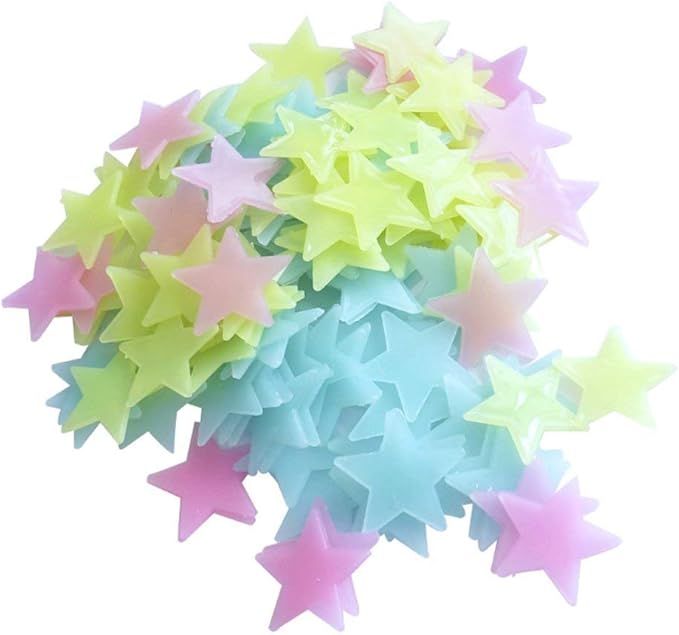 Generic 200pcs Plastic 3D Stars Glow in the Dark Stickers Night Luminous Wall Decal Sticker For Kids Bedroom Living Room Children's Room Ceiling Nursery Room Multi Color