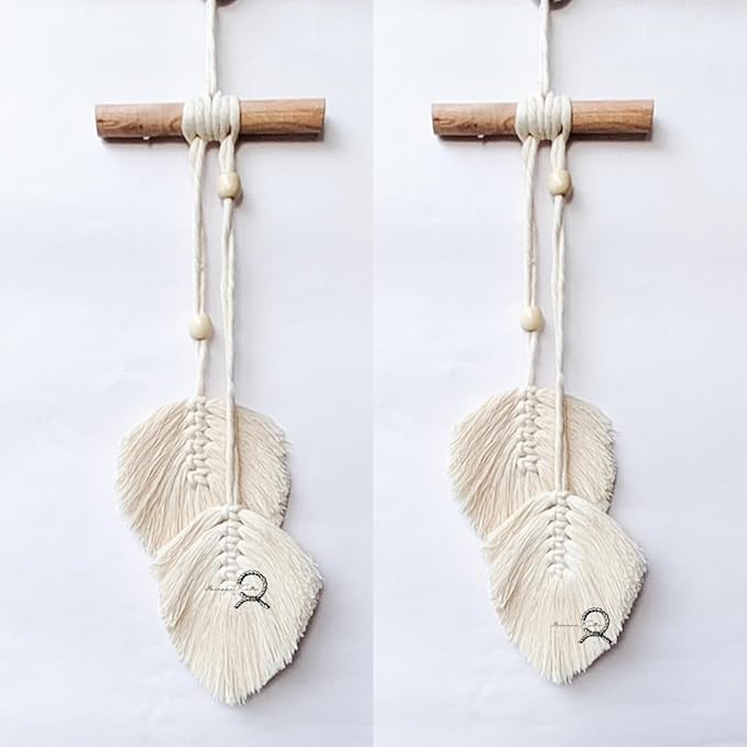 Macrame Kn0ts Leaves Wall Hanging Boho Feather Wall Decor Leaf Yarn Wall Hanging Tapestry Handmade Woven Wall Art For Bedroom Nursery Home Decor (Set of 2) (Off-White)