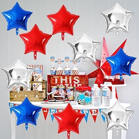 Silver Red Blue Star Balloons Set - 12 Pieces Practical and Easy to Inflate for Event Party Decoration