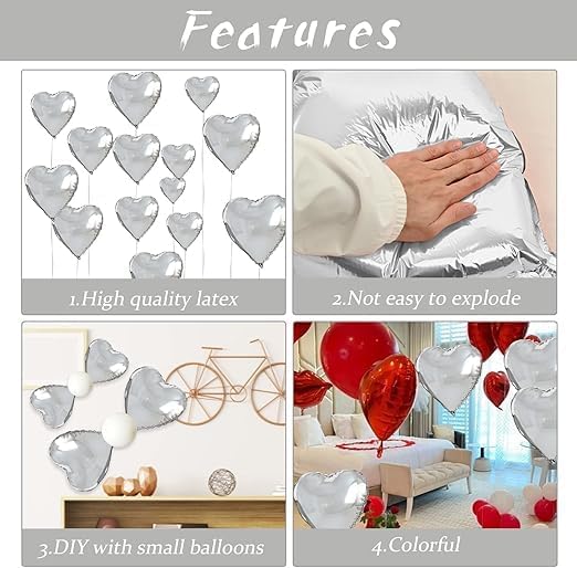 Silver Heart Foil Balloons - 10 Pcs Silver Heart Balloons, 18 Inch Valentines Day Balloons, Love Foil Balloons Helium Balloons for Birthday Decoration, Valentine's Day, Wedding, Baby Shower