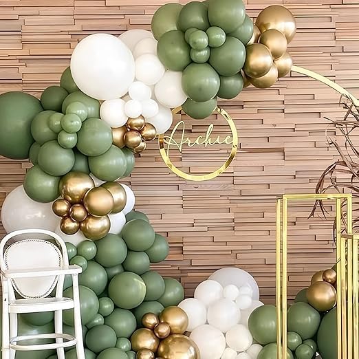 Sage and Olive Green Balloon Set 105 pieces 12 inch latex balloons perfect for decorating birthdays, graduation parties, weddings, baby showers, anniversaries and New Year celebrations with attractive design.