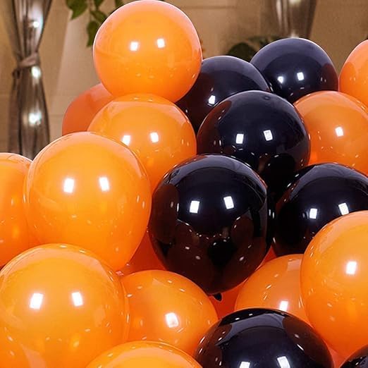 "Orange and Black Party Balloons Set with Confetti - Perfect Decoration for Halloween and Festive Events"