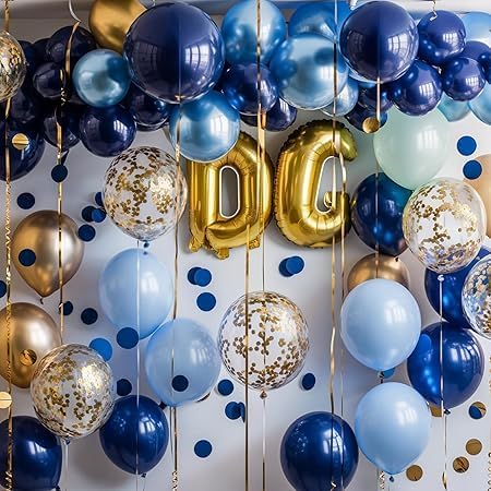 Blue and Gold Birthday Balloons Set - 50 Pcs Birthday Party Decorations for Wedding, Graduation - with Adhesive Tapes and Glitter Gold Accents Balloon Decoration