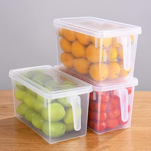 Sooyee Fridge Storage Containers Produce Saver, 4 Pack x 5L Stackable Refrigerator Organizer Keeper with Handle & Lid To Keep Fresh for Produce, Food,Fruits, Vegetables, Meat and Fish,Clear