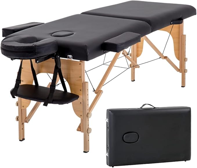 Portable Massage Table Folding with Free Accessories, Wooden/Aluminum 84" Bed 2" Cushion 2/3 Section Massage Spa Bed,Height-Adjustable Salon Bed… (Beech Black 2 Section)
