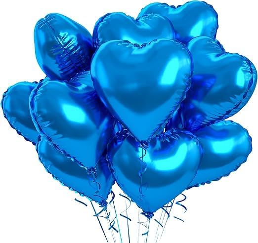 Blue Heart Foil Balloons, 10 Pcs Blue Heart Balloons for Birthday, 18 Inch Foil Balloons Helium Filled Balloons for Boys Men Birthday Party Decorations, Baby Shower, Valentine's Day